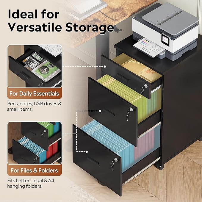 DEVAISE 3 Drawer File Cabinet with Lock & Wheels, Wood Printer Stand, Mobile Filing cabinets for Home Office, Fits Letter/A4 Size, Black