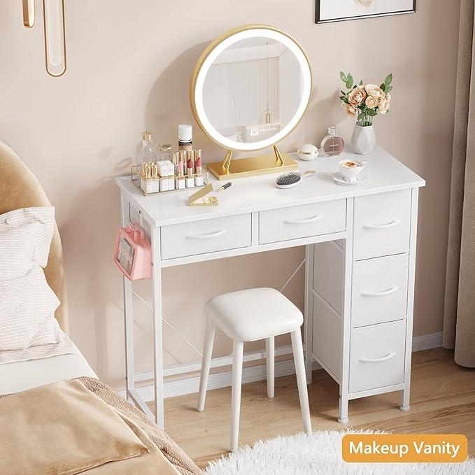 HIGDBFE Small Desk with 5 Fabric Drawers, 33 Inch Writing Desk for Home Office, Simple PC Desks for Small Place, Kids Girls Teen Study Table Vanity for Bedroom, Dorm, White, 14" D