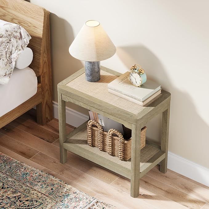 Eclatara Rattan Nightstands - Farmhouse 2 Tier End Table for Bedroom - Accent Side Table wtih Open Storage Shelves for Small Space Narrow Coffee Table, Light Oak