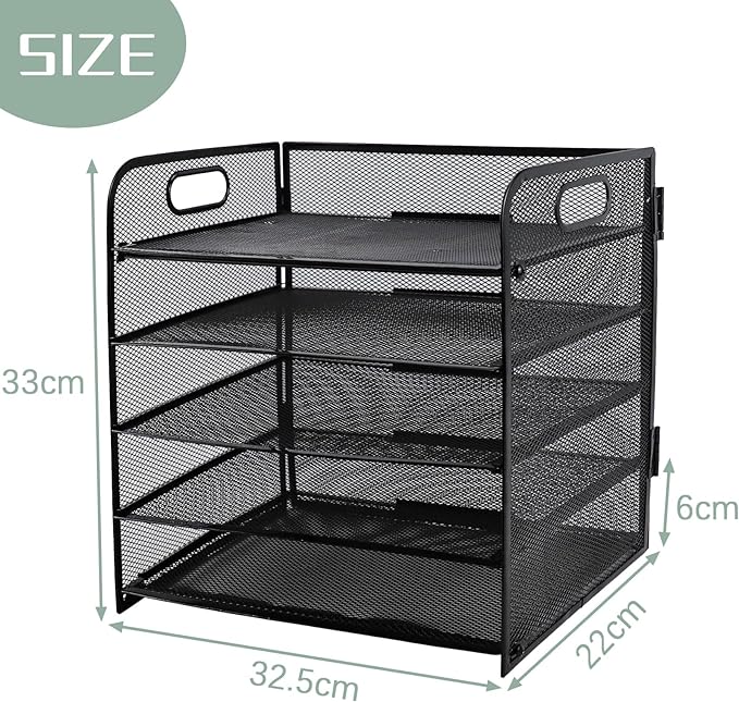 Paper Letter Tray with Handle, 2 Pack 5 Tier Metal Mesh Desk File Organizer, A4 Paper Desktop Filing Trays, Desk Tidy Magazine Document Holder for Home Office, Black
