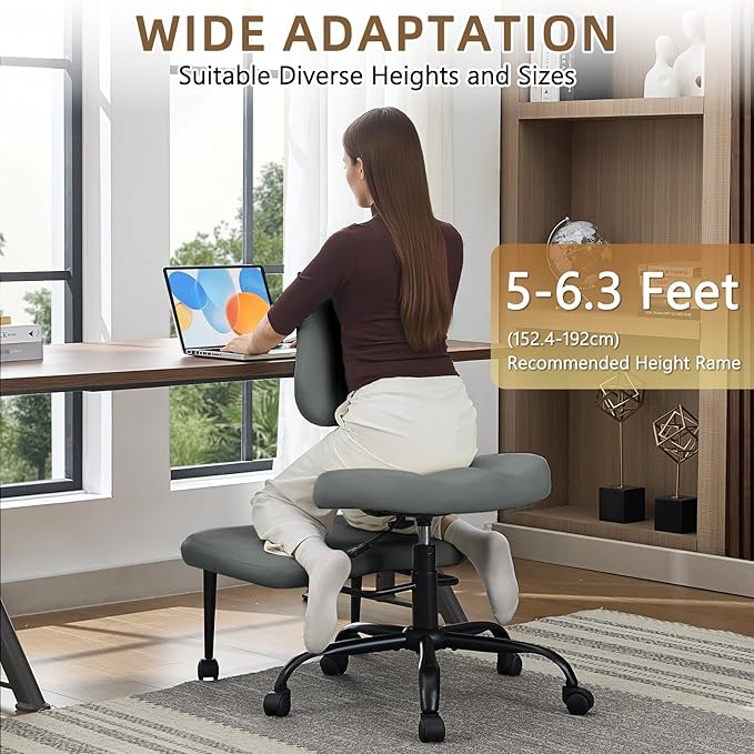Criss Cross Legged Meditaion Chair,Exquisite Home Office Furniture,Ergonomic Kneeling with Lumbar Support and Adjustable Height Stool,for ADHD Adults,Teddy Fabric (Grey, Faux Leather)