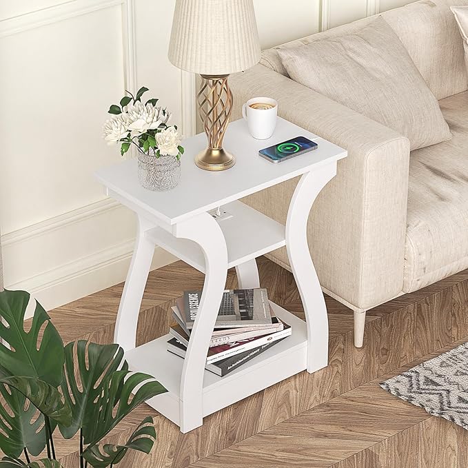 FROMJBEST End Tables Living Room, White End Table with Charging Station,White Side Table, Nightstand for Bedroom, 3 Tier End Table with Storage Shelf for Living Room
