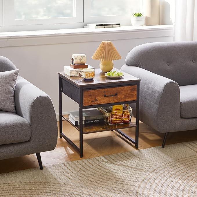 Aibiju Small Table Stand with Drawers, Multi-Functional Side & Printer Accent Table with Storage Shelf, Rustic Brown YD-TM156H