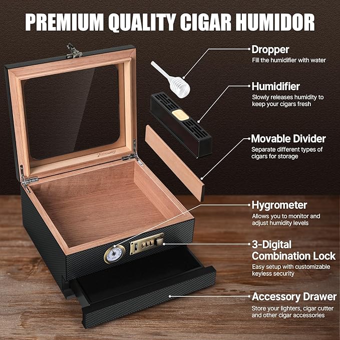 Tesonway Cigar Humidor, Cedar Wood Humidor Cigar Box, Glass Top Desktop Humidor with Front Hygrometer, Humidifier, Divider, Accessories Drawer and Combination Lock, Cigar Gifts for Men (Carbon Black)