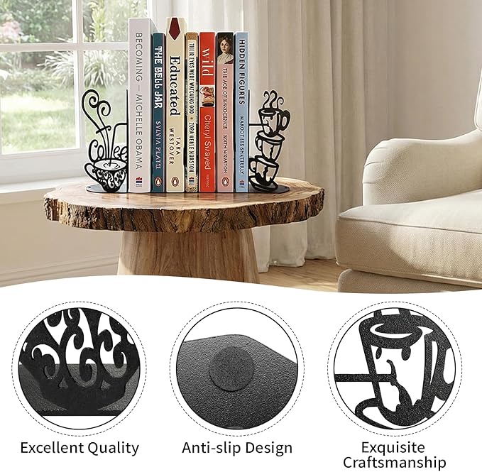 ENCIMART Metal Bookends Creative Coffee Bookends Decorative Cute Kitchen Book Ends for Shelves Bookshelf Home Office Desk Reading Decor Bookshelf Decor for Book Lovers Gift