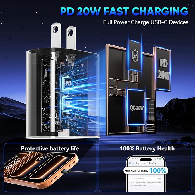 Phone 17 16 15 Pro Charger Fast Charging, 20W USB C Fast Charger Block with 10FT Long Type C Chargers Fast Charging Cable Cord for Phone 17/17 Pro/17 Pro Max/Air/16 Pro Max/16 Pro/15Pro Max/Pro, S24