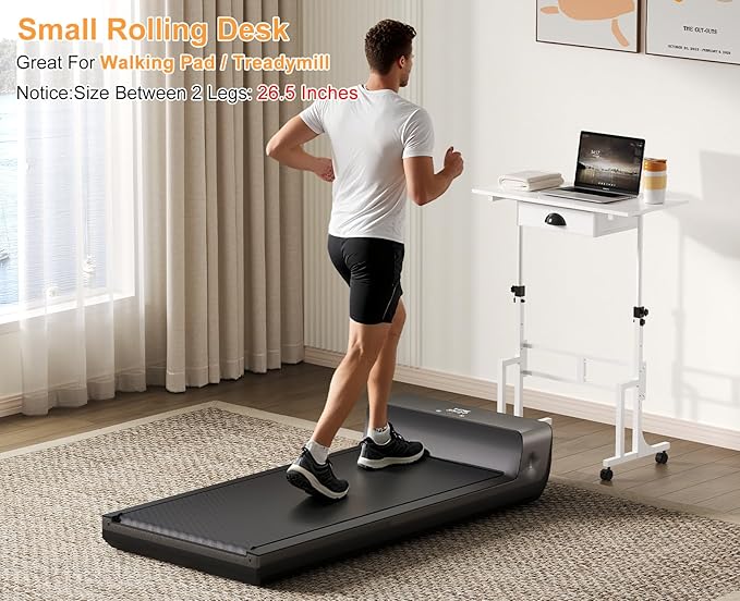 Cidaziya Adjustable Height Standing Desk for Walking Pad Treadmill, Portable Rolling Desk for Laptop with Drawer, Small Moblie Sit to Stand Desk On Wheels with Stiffener for Home Office Dorm Bedroom
