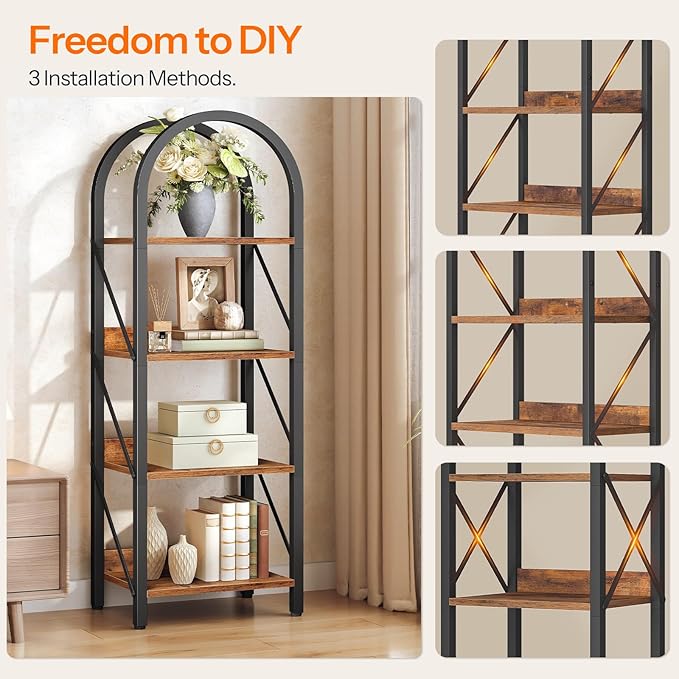 HOOBRO Bookshelf, 4-Tier Arched Bookshelf, Industrial Bookcase with Metal Frame, Small Book Shelf Storage Organizer for Living Room, Office, Bedroom, Rustic Brown and Black BF424SJ01