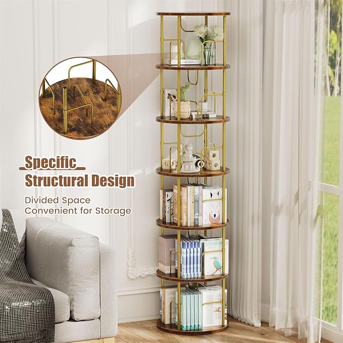 ALLSTAND 6 Tier Rotating Bookshelf, 360 ° Display Stackable Spinning Bookshelf Tower, Corner Bookshelf Tall Floor Standing Swivel Bookcase Narrow Storage Organizer for Bedroom, Living Room, Gold