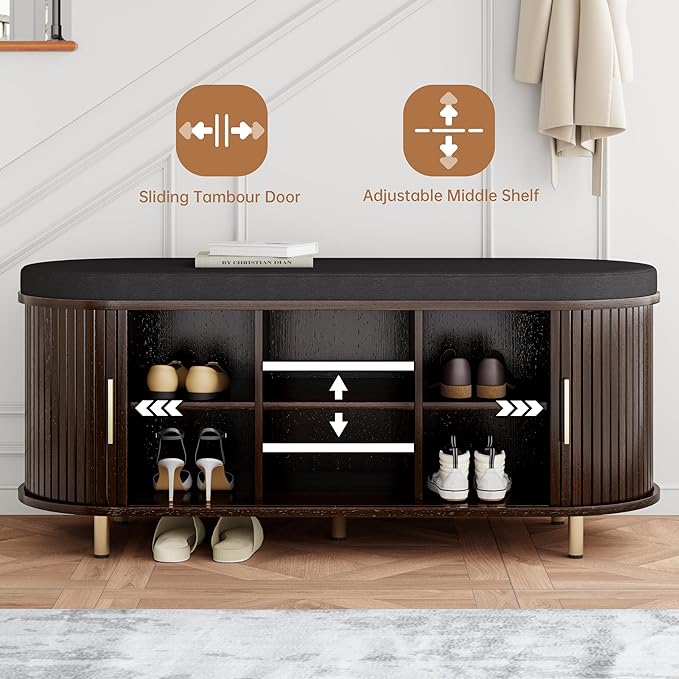 DHH 2-Tier Storage Bench,Wide Shoe Bench with Thickened Padded Seat Cushion, Mid Century Modern Fluted Sliding Door and Adjustable Shelf, for Entryway, Living Room, Bedroom (Dark Walnut, 43.3“)
