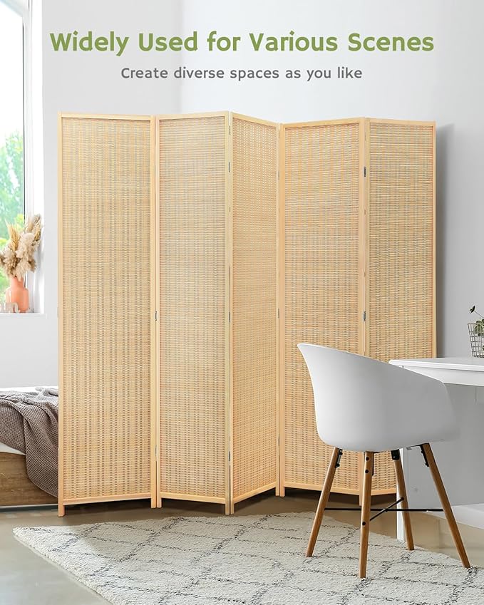 JOSTYLE Room Divider Folding Privacy Screen, 5 Panel Room Dividers 6 ft. Tall Bamboo Partition Wall Separation Dividers Freestanding, 70.9" H x 99" W