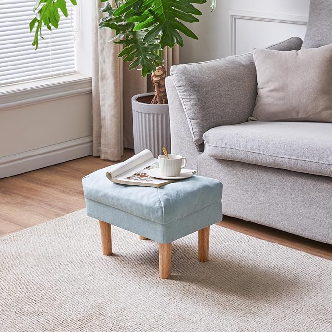 YMYNY 15.75" Small Footstool Ottoman, Footrest with Sponge Padded Seat, Step Stool for Sofa, Bedroom, Living Room, Entryway, Modern Change Shoes Stool, Wood Legs, Light Blue UHBD023BL