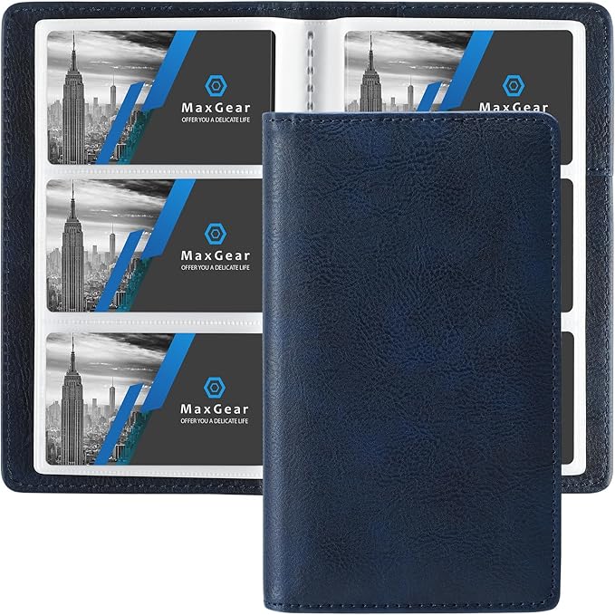 MaxGear Business Card Organizer Book, Holds 240 Cards, Portable PU Leather Business Card Holder with Clear Sleeves, Professional Card Binder for Office, Meetings, Networking, Blue