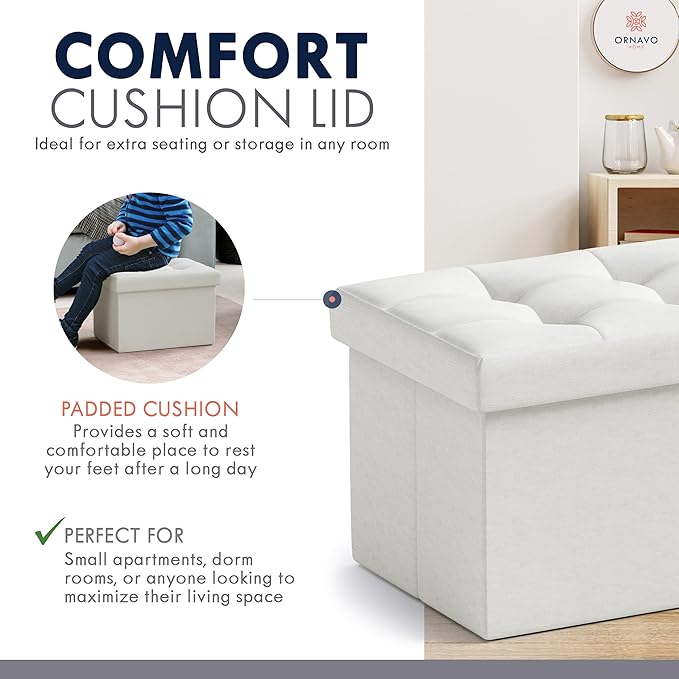 Ornavo Home Small Storage Ottoman, Set of 2, Foldable Collapsible Rectangle Linen Ottoman Foot Rest Stool Seat, for Living Room, Bedroom, Home Office, Dorm - 12 x 16 x 12, White