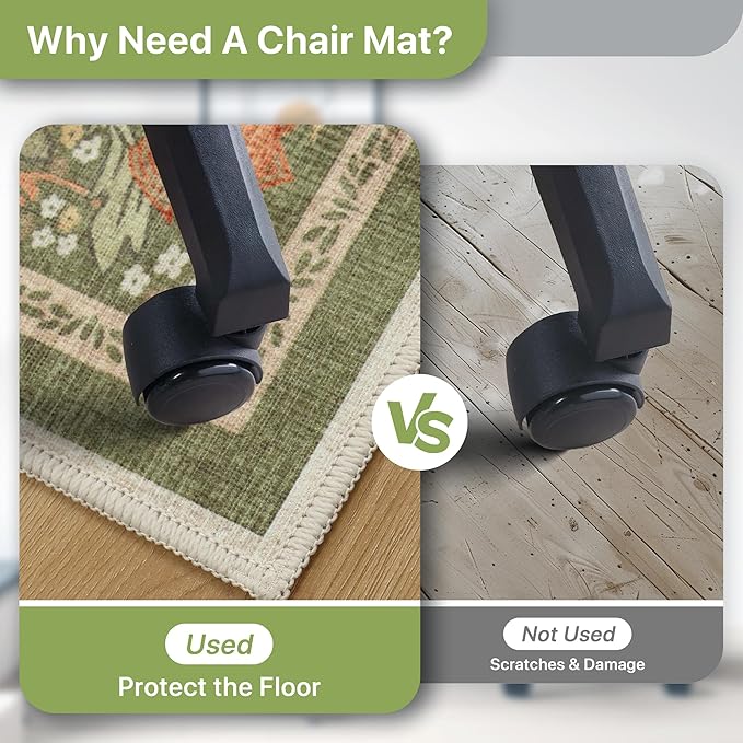 36"x48" Office Chair Mat for Hardwood Tile Floor, Under Desk Carpet Protector for Rolling Computer Chair Mat, Machine Washable Area Rug, Anti-Slip 1/5" Thick Low Pile Thin Vinyl Floor Mat, Sage Green
