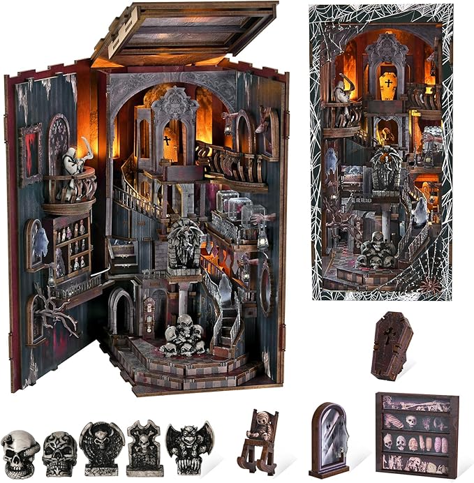 MiniCity Magic Booknook Building Set with LED Light, Mini Bookend Building Kit for Bookshelf & Home Decor, DIY Miniature Book Nook Building Model for Kids Adults Teens (Haunting Relics)