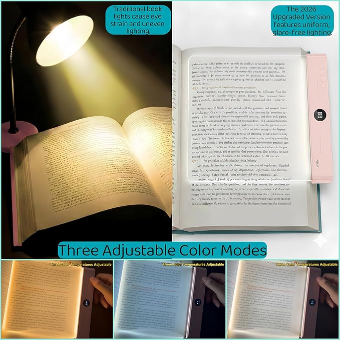 XL LED Flat Book Light for Reading in Bed, Eye Care Stepless Dimmable Reading Lamp with 1-99 Min Auto-Off Timer, Portable USB Rechargeable 1200mAh Battery for Night Time & Travel (Matte Pink)