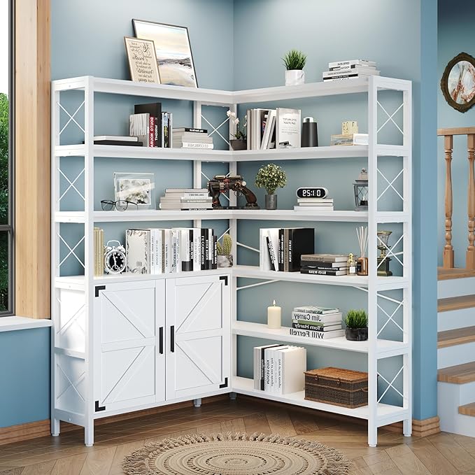 Wildhome 6-Shelf Corner Bookshelf, Vintage Industrial Corner Shelf Etagere Bookcase, Large Book Shelf with Metal Frame Open Storage Corner Cabinet (White-Lockers, Large)
