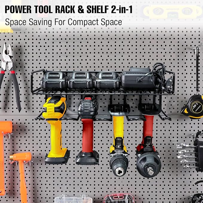 UNITEDPOWER Wall Mounted Power Tool Organizer Holder, Heavy Duty Utility Storage Rack With Shelf for Battery Powered Hand Tools, Workshop, Shed, Garage, Home