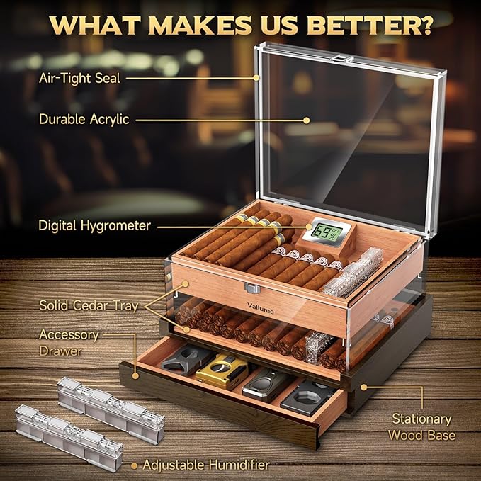 VALLUME Acrylic Humidor Box,High-Definition Transparent Cigar Case,Lock Latches and 90-Degree Opening Hinges Cigar Box,Cigar Accessory Drawer,Digital Hygrometer and Humidifier,Holds About 50-60 cigars