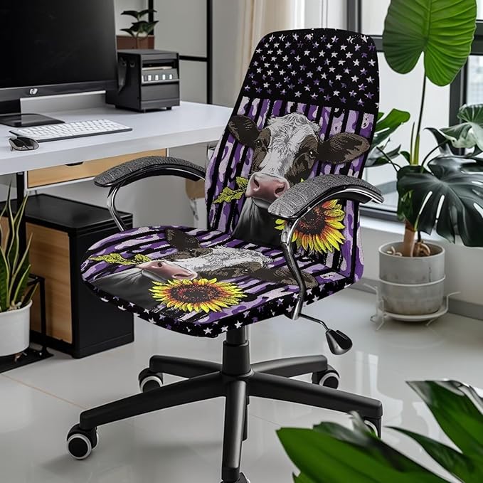 Talayituse Cow Sunflower Camo American Flag Print Office Chair Cover Universal Stretch Desk Chair Cover, Anti-Slip Computer Chair Slipcovers with Elastic Bottom, L