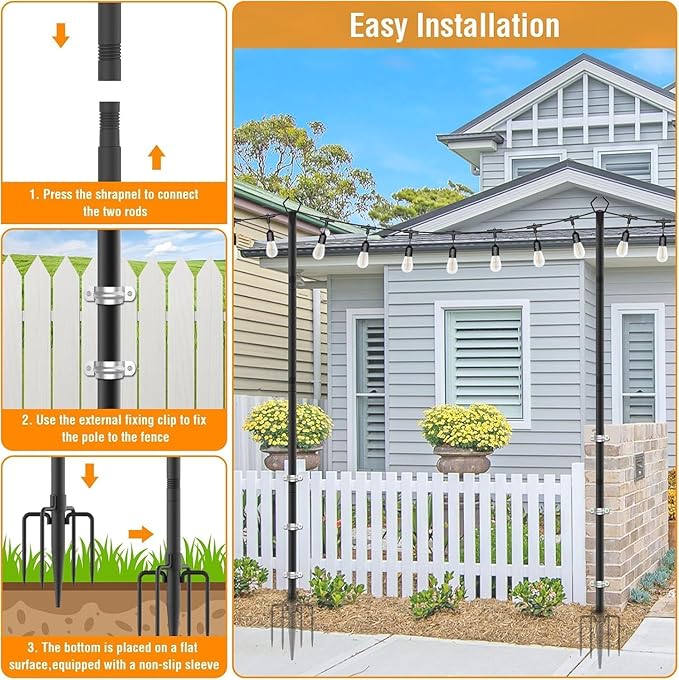 AILBTON 10Ft String Light Poles 10 Pack,Light Poles for Outside Lights,Outdoor with Fence Brackets Hanging Lights,Metal Stand Deck Patio Backyard