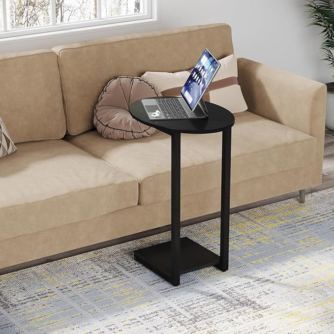 Hosfais Small Side Table End Table, C-Shaped Wood Coffee Table TV Tray for Eating Couch Tables for Small Space, Living Room, Bedroom, Couch (Black 2 Pack)