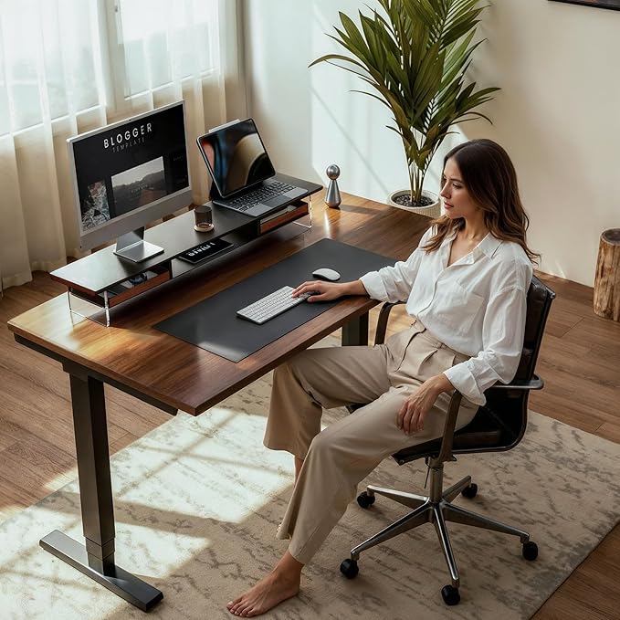 Fenge 42.5” Dual Monitor Stand with 2 Drawers, Metal Wood Monitor Riser with Acrylic Legs, 2-Tier Desktop Shelf Storage Organizer for Computer, Laptop, Printer, TV, Black