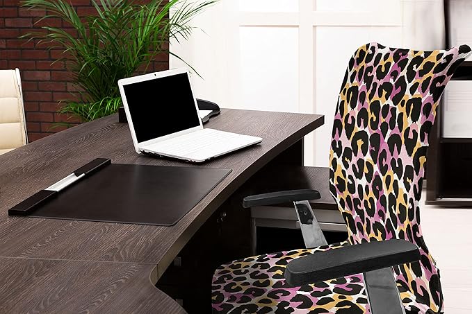 Ambesonne Leopard Print Office Chair Cover, Abstract Wild Exotic Animal Skin Pattern in Style with Vibrant Color, Stretchable Decorative Universal Size High Back Printed Slipcover, Pink Black