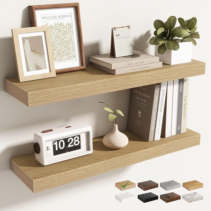 Acovy 24 Inch Floating Shelves for Wall 2 Pack, 24" Wall Shelves for Books, Storage, Decor, Wall Mounted Floating Shelf with Invisible Brackets for Kitchen, Living Room, Oak