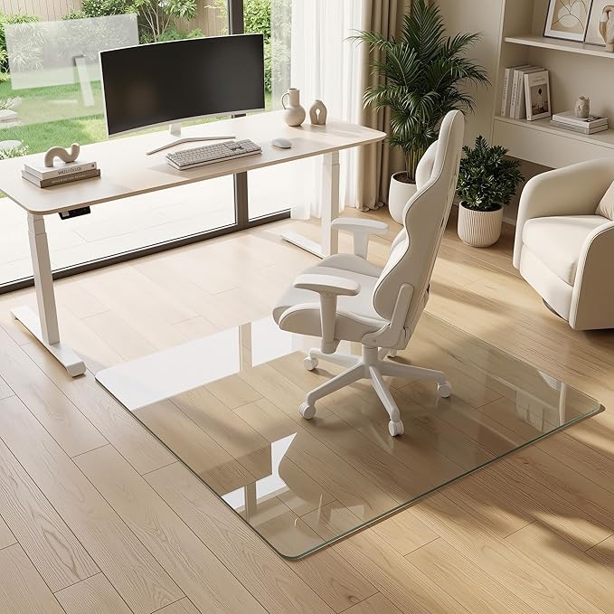 Tempered Glass Chair Mat for Hardwood Floor, 45" x 45" Heavy Duty Glass Office Chair Mat, for Low Pile Carpet, 0.2" Thick with 4 Non-Slip Pads, Smooth Rolling for Home & Office
