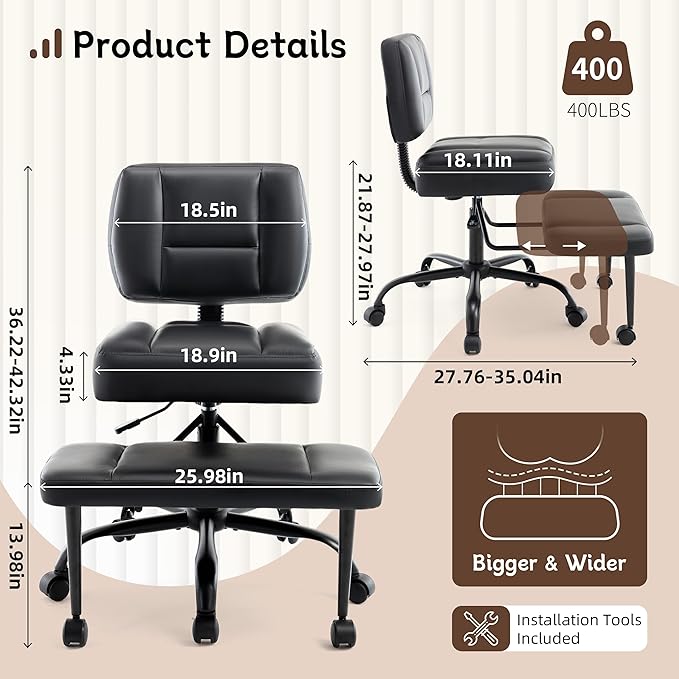 Ergonomic Criss Cross Legged Office Chair, ADHD Chair, 360° Swivel Meditation Kneeling Chair with Wheels, Adjustable Footrest, Bigger & Wider Height Adjustable Seat, Strong Lumbar Support, Black PU