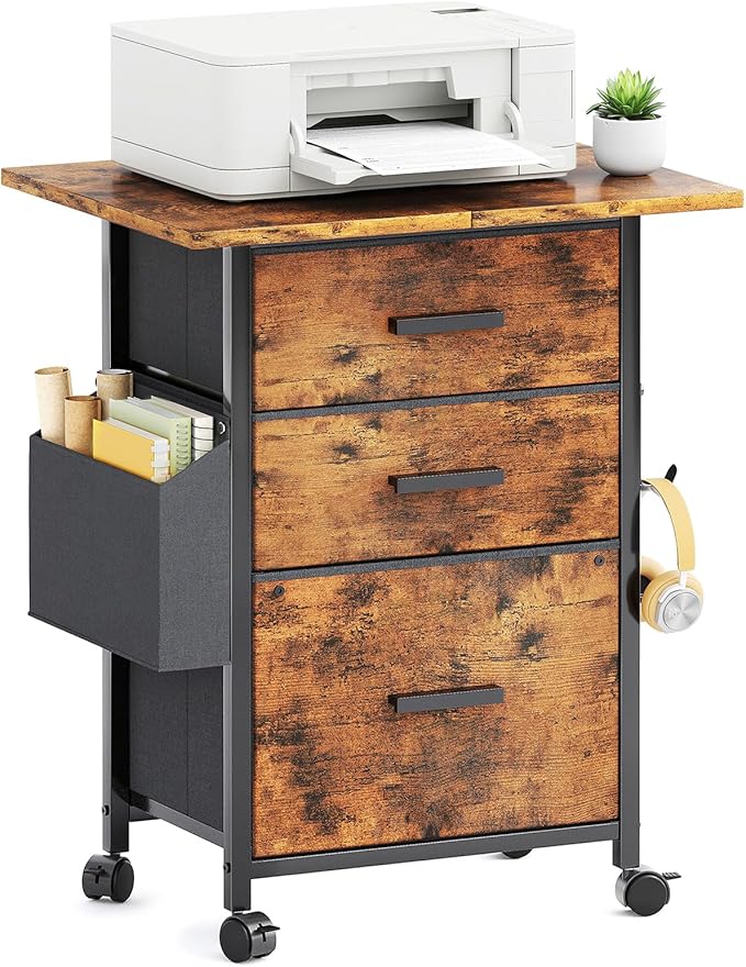 Mexin 3 Drawer File Cabinet with 24'' Extended Desktop, Mobile Filing Cabinet, Printer Stand, Rolling Printer Stand with Side Bag, Fabric Drawer, Fits A4 Size, Home Office,Rustic Brown