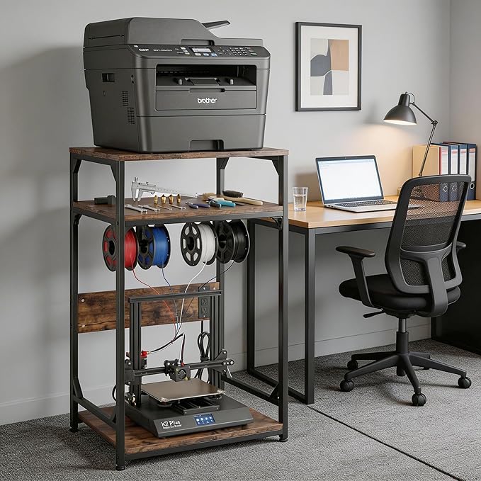 Heavy Duty 3D Printer Table Stand with Power Outlet Industrial-Strength Storage Rack for Stable, Organized & Cable-Managed Printing Workstation