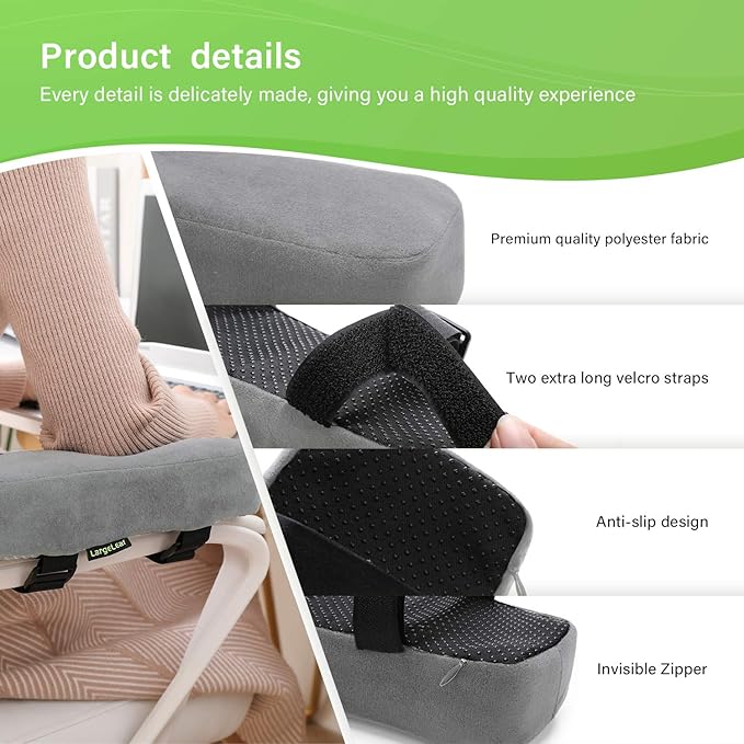 LargeLeaf Extra Thick 2 Inches Chair Cushions - Elbow Pillow Pressure Relief for Office and Gaming Chairs - Memory Foam Armrest Pads 2-Piece Set (Gray)