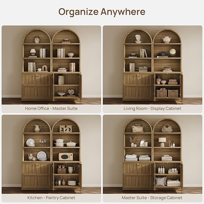 SICOTAS 81" Tall Arched Bookcase with Doors, Large Bookshelves with Storage, Modern 5-Tier Arched Cabinet with Adjustable Shelves & Cable Management for Home Office, Library, Brown Oak, 3 PCS