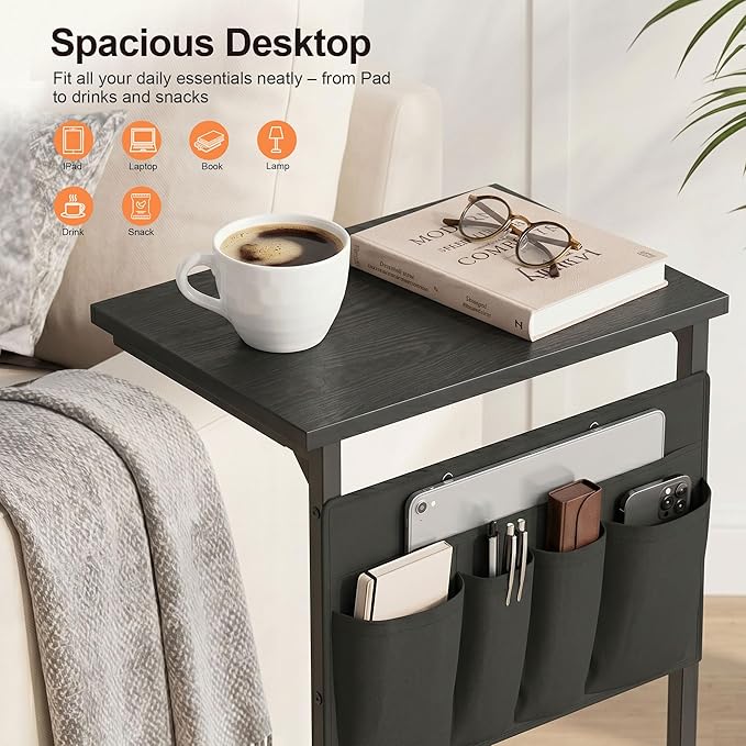 C-Shaped End Table, 28" H Side Table for Couch, Sliding Tray Desk Under Sofa with Storage Bag for Living Room, Bedroom, Office, Black