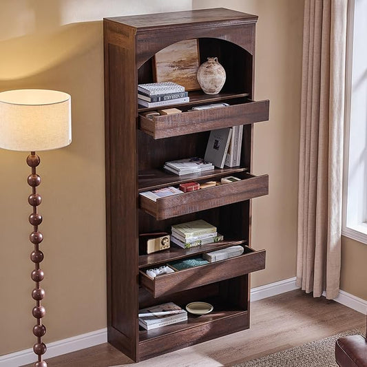 IFGET 76" Tall Arched Bookcase with 1PC Magnetic Lock Drawer, Modern Wooden Arch Bookshelf w/3 Pull-Out Drawers, Farmhouse 4 Tiers Book Shelf w/Open Shelves for Living Room, Office (Brown)