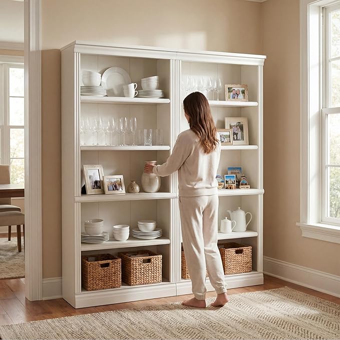 Furniwell Bookcase Bookshelves, 5-Shelf Tall Bookcase 71" Wood Open Display Floor Bookshelf, Large Storage Organizer for Library, Bedroom, Living Room, Set of 2 (White)