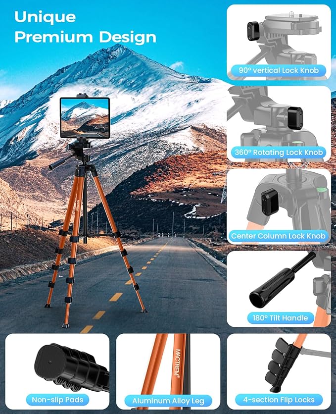 MACTREM 67" Tripod Stand for iPad Phone Tablet Camera with 2 in 1 Mount & Wireless Remote, Aluminum Extendable iPhone Tripod for Video Recording/Selfies/Live Stream/Vlogging (Orange)