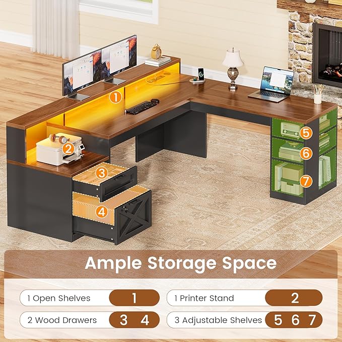 SEDETA L Shaped Desk with 2 Drawers, 65"x 59" Large Home Office Desk with Lockable File Drawer & Power Strip, Corner Desk with Storage & LED Strip, Black + Brown