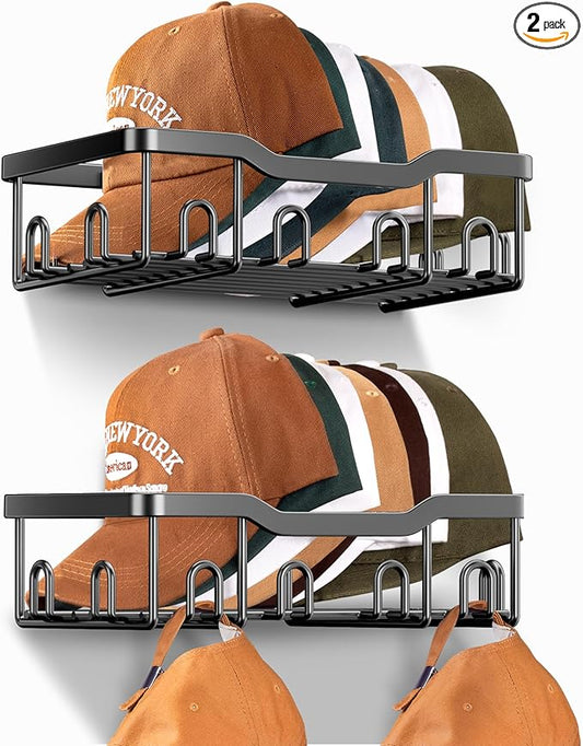 KEETDY Metal Hat Racks for Baseball Caps Wall Hat Organizer Fit 24 Caps Holder, 2 Packs Sturdy Wall Mounted Hat Storage Organizer, Black