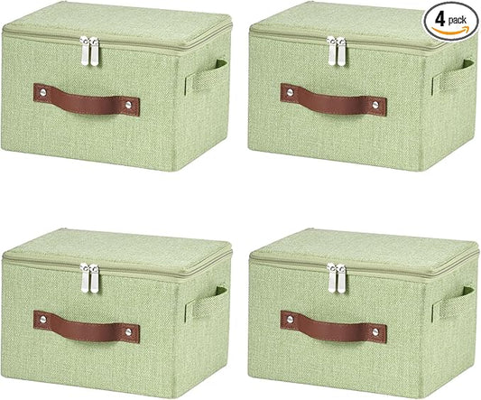 4 Pack Storage Bins with Zipper Lid Cotton Linen Fabric Lidded Storage Baskets Boxes Foldable Washable Closet Shelf Clothes Organizer Container with PU Leather Handles (Green, Small)