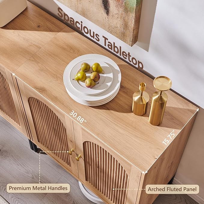 IFGET Modern Buffet Cabinet with Storage, 34" Tall Fluted Arched Sideboard Cabinet w/Adjustable Shelves, Wooden Modular Coffee Bar for Dining Room, Kitchen, Living Room, Entryway, Natural