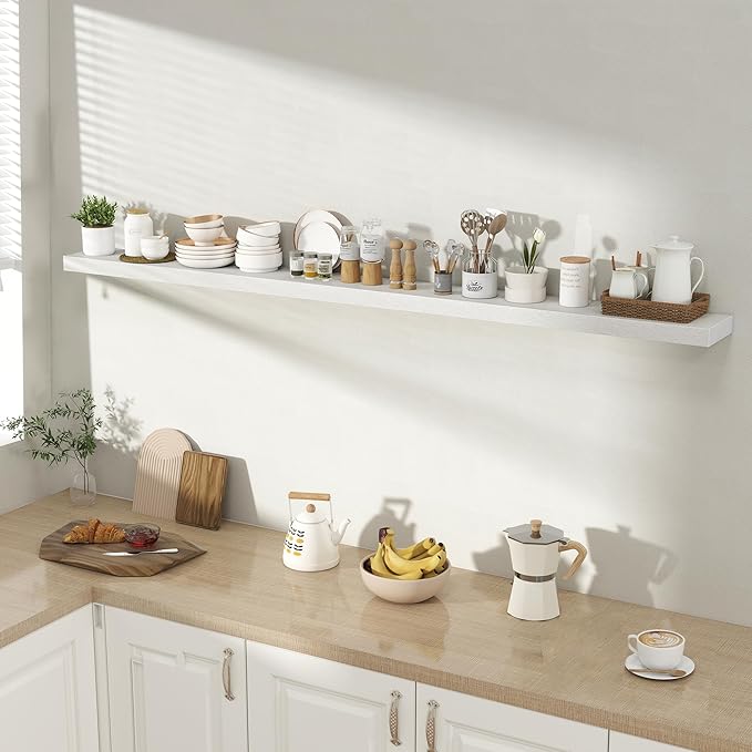 Acovy 72 Inch Floating Shelves for Wall 1 Pack, 72" Wall Shelves for Books, Storage, Decor, Wall Mounted Floating Shelf with Invisible Brackets for Kitchen, Living Room, White