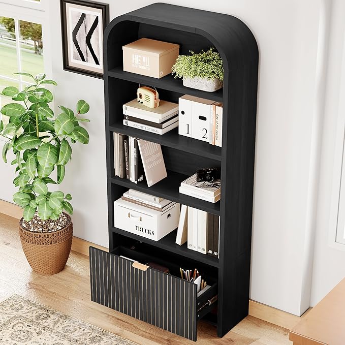 LEVNARY Arched Bookcase with Drawer, 70" Tall 5-Tier Bookshelf with Fluted Carved Drawer, Freestanding Display Storage Cabinet for Living Room Bedroom Home Office (Black)