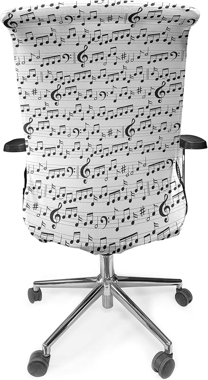 Ambesonne Music Office Chair Cover, Abstract Style Professional Pattern Notes and Clef Sheet Play Writing Print, Stretchable Decorative Universal Size High Back Printed Slipcover, Black and White