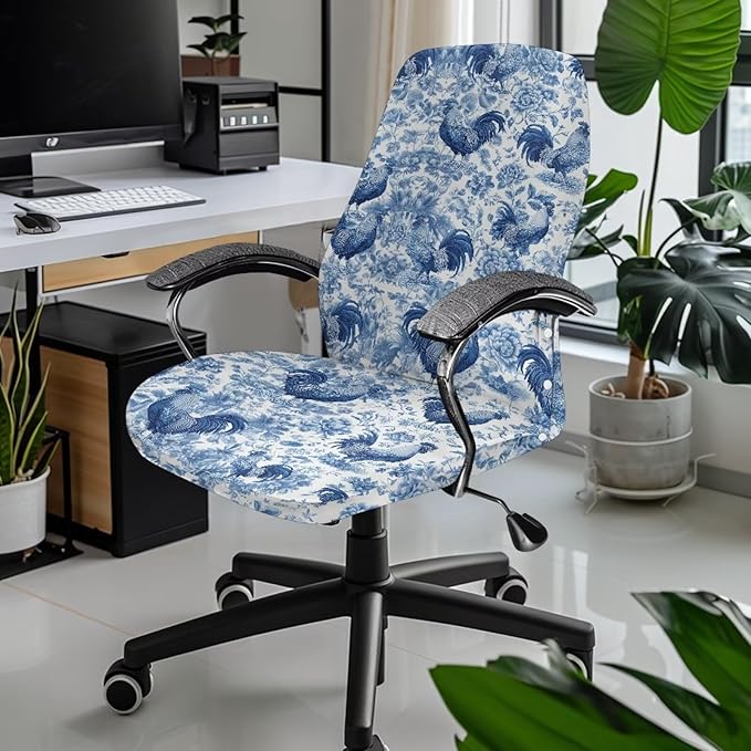 Talayituse Blue Rooster Chicken Print Office Chair Covers, Stretch Computer Chair Cover, Universal Boss Chair Covers Modern Simplism Style High Back Chair Slipcover, Small