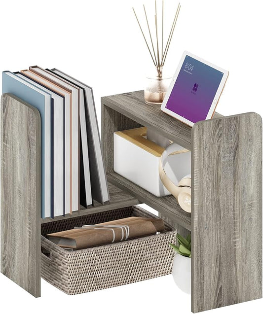 Furinno CLASSIC Desk Organizers and Hutch, Open Shelf Expandable Office Organization, Adjustable Desk Top Display Book Shelf, for Paper, Office Supplies, French Oak