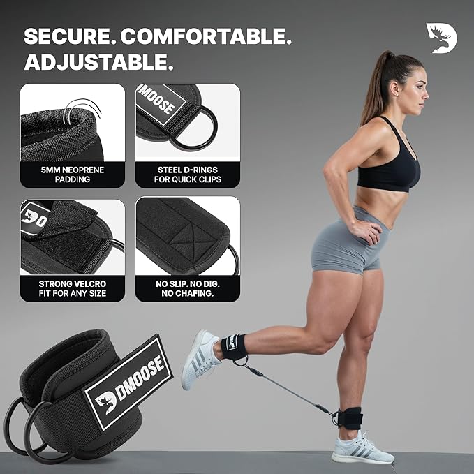 DMoose Fitness Ankle Strap for Cable Machine - One Size Fit with Premium Padding Cuffs, Ankle Bands for Working Out, Booty Workouts, Leg Extension, Hip Abductors, Kickbacks & Lower Body Exercises